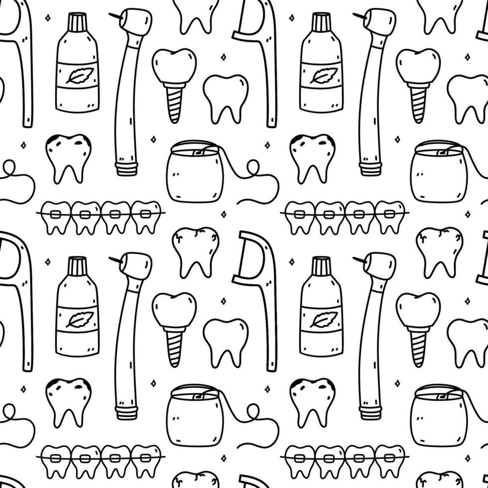 Seamless pattern with dental items - mouthwash, dental floss, teeth, implants, braces and dental drill. Oral hygiene. Vector hand-drawn doodle illustration. Perfect for print, wallpaper, decorations.