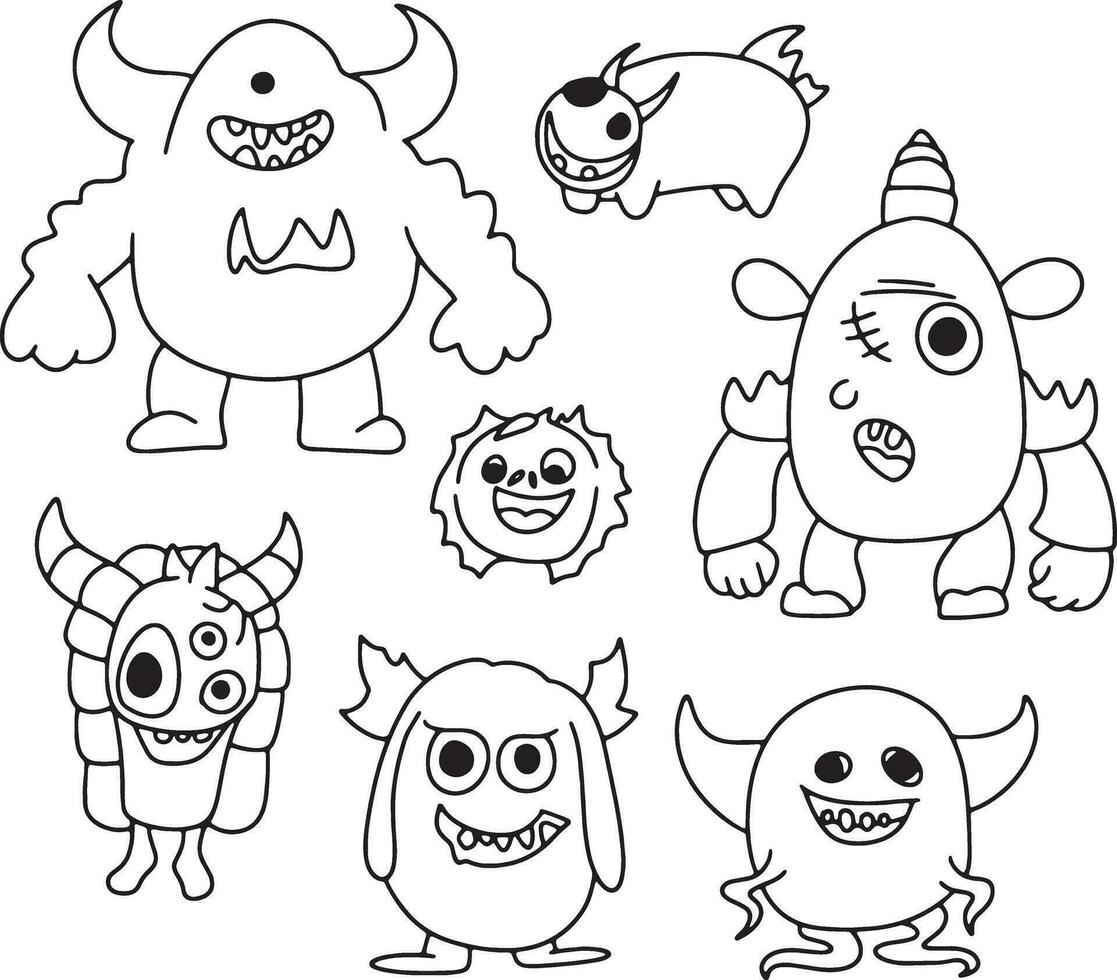 conjunto de monstruos garabatear dibujos animados dibujo en blanco antecedentes vector