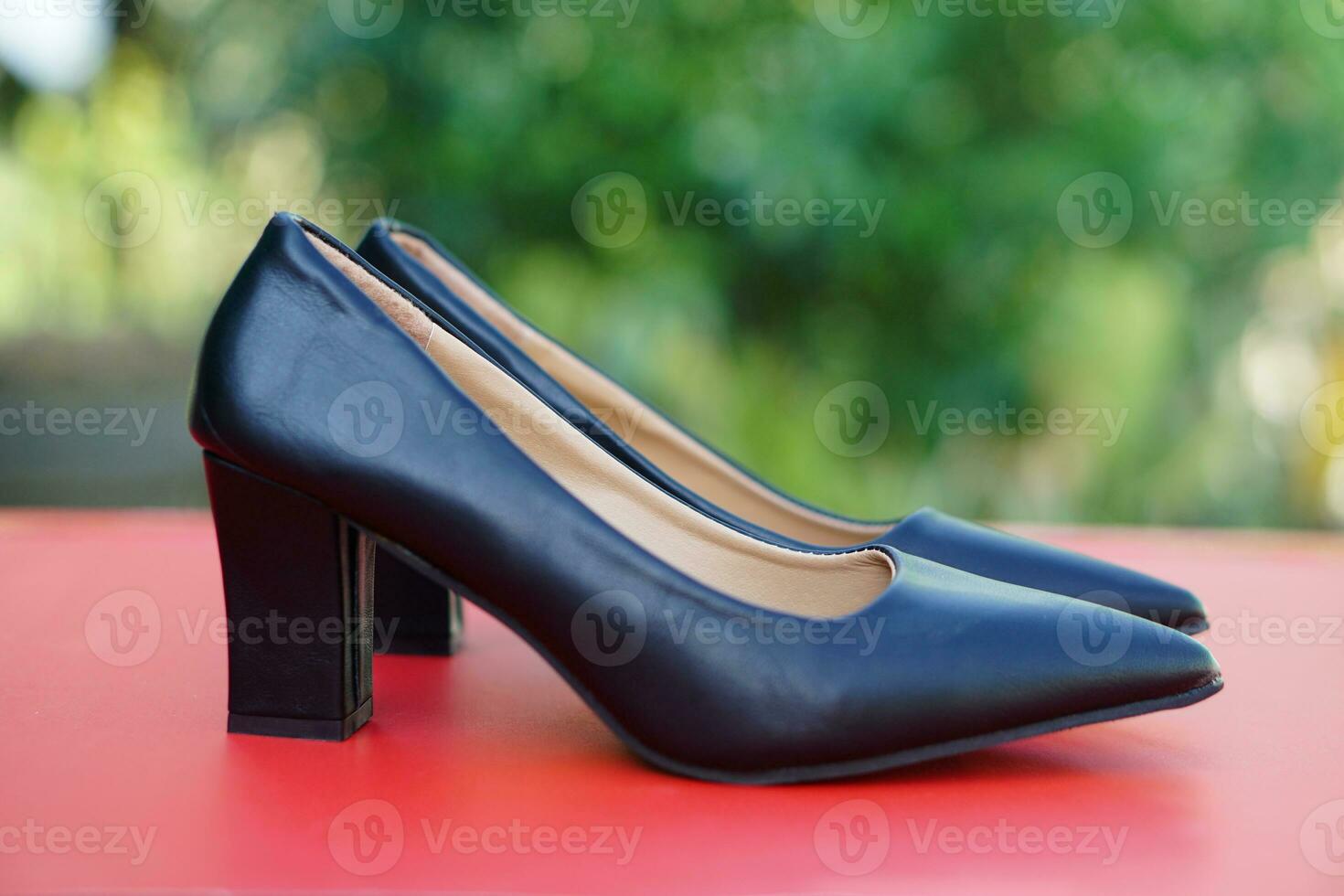 Black leather high heel shoes for woman, outdoor background. Concept, fashionable and polite footwears for office women workers. Thick heel and narrow head shoes. photo