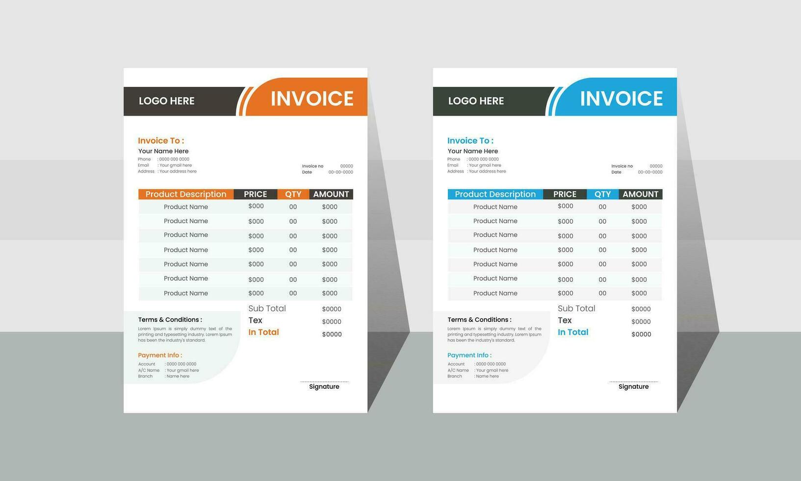 A vector illustration of a pricing invoice bill form for a minimalist corporate business invoice.