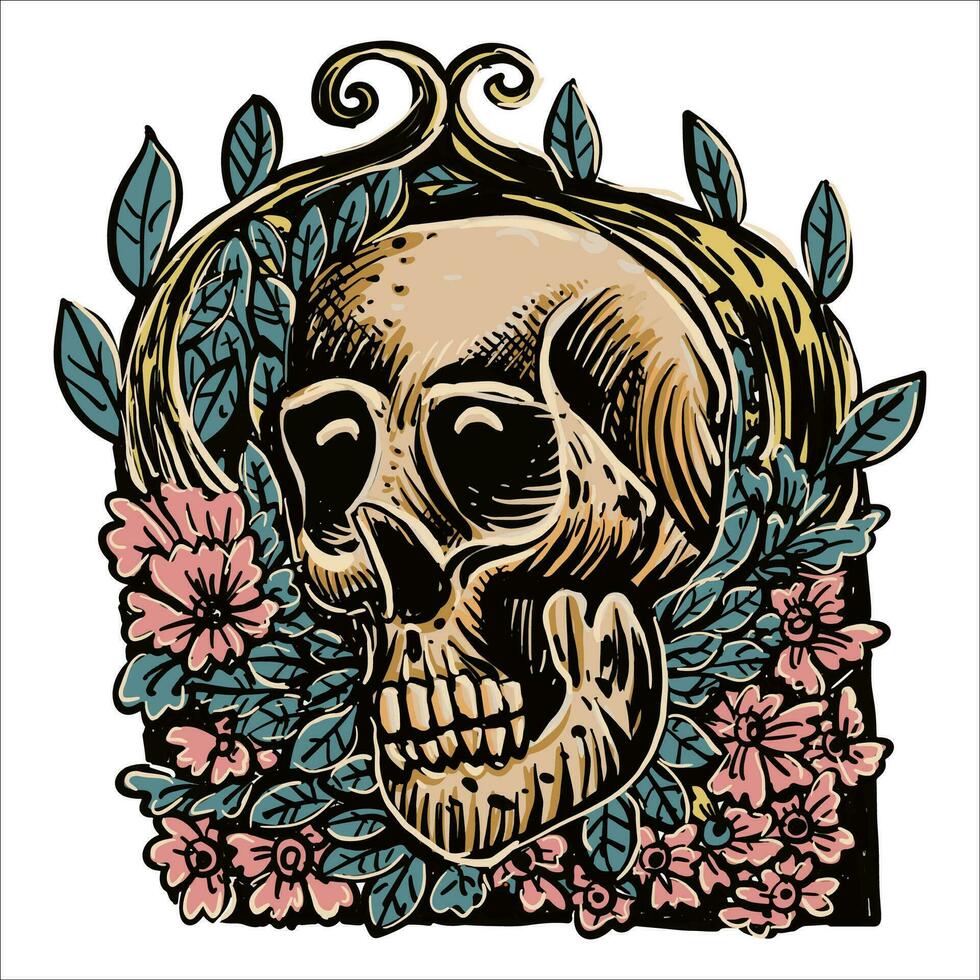 mano dibujado ilustración cráneo y flor para camiseta vector