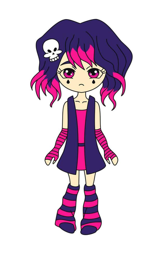 joven emo niña anime personaje. y2k estilo. negro y rosado. vector plano ilustración aislado en blanco antecedentes.