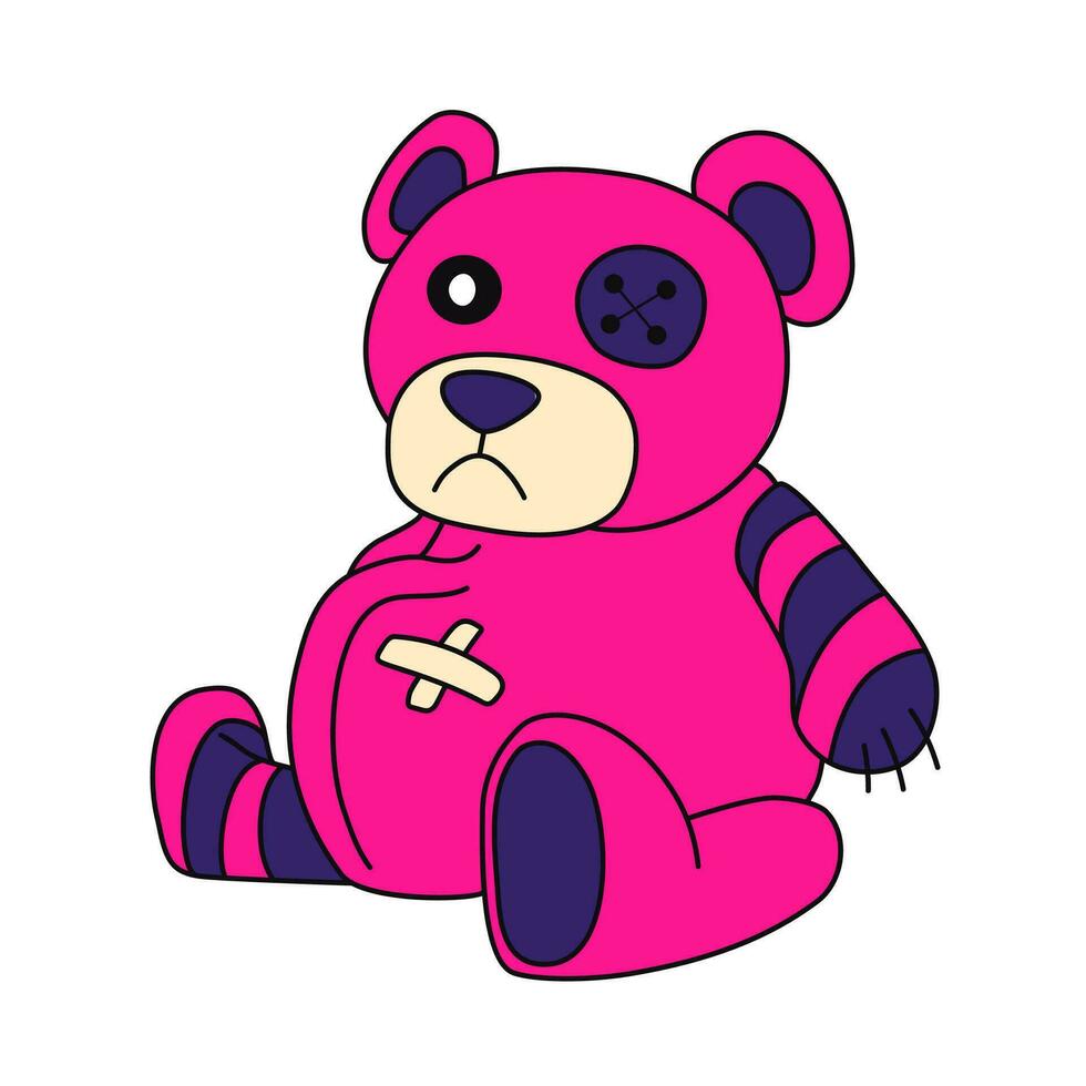 Emo bear soft toy character. Y2k style. Vector flat illustration isolated on white background.