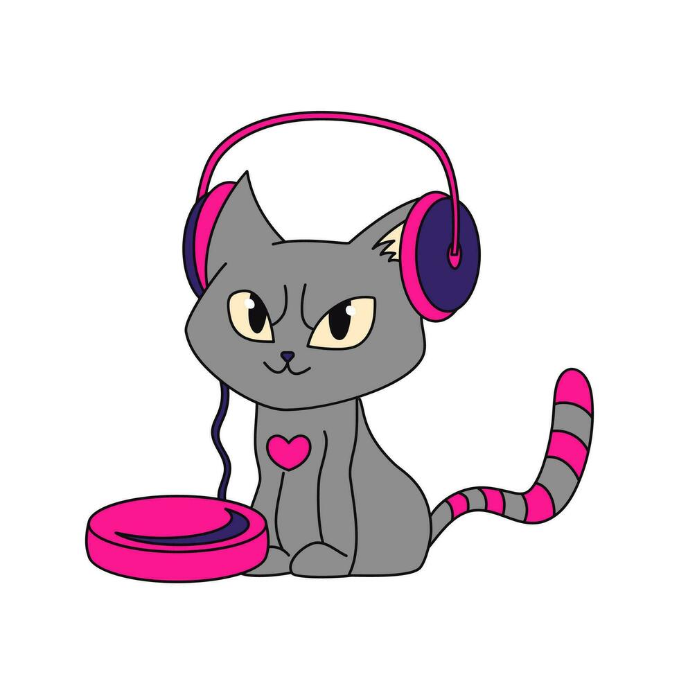 Emo cat with headphones and old music player. Y2k style. Black subculture. Vector flat illustration isolated on white background.
