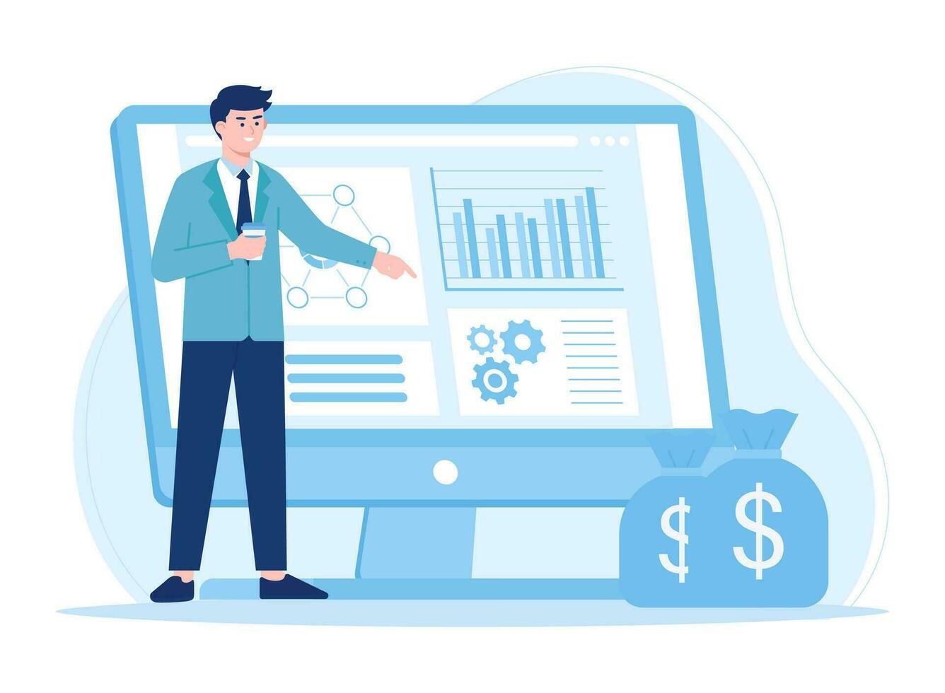 man shows stock profits on computer concept flat illustration vector