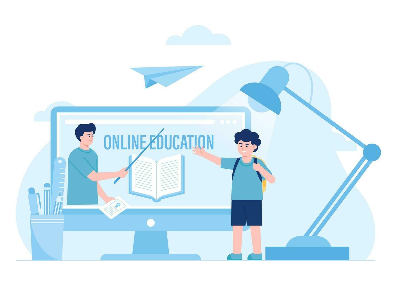 online education for children via computer concept flat illustration vector