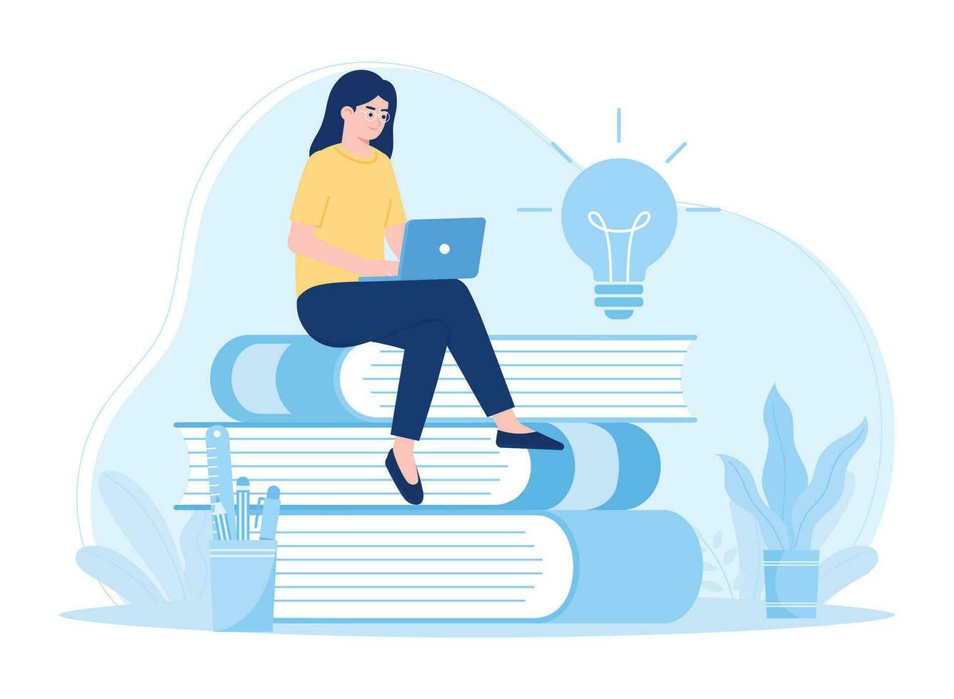 A woman is reading and searching to gain new knowledge concept flat illustration vector