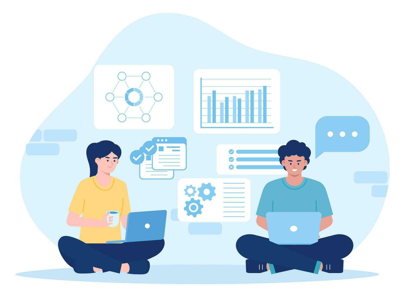 two businessmen discussing business and analyzing graphs with laptop concept flat illustration vector