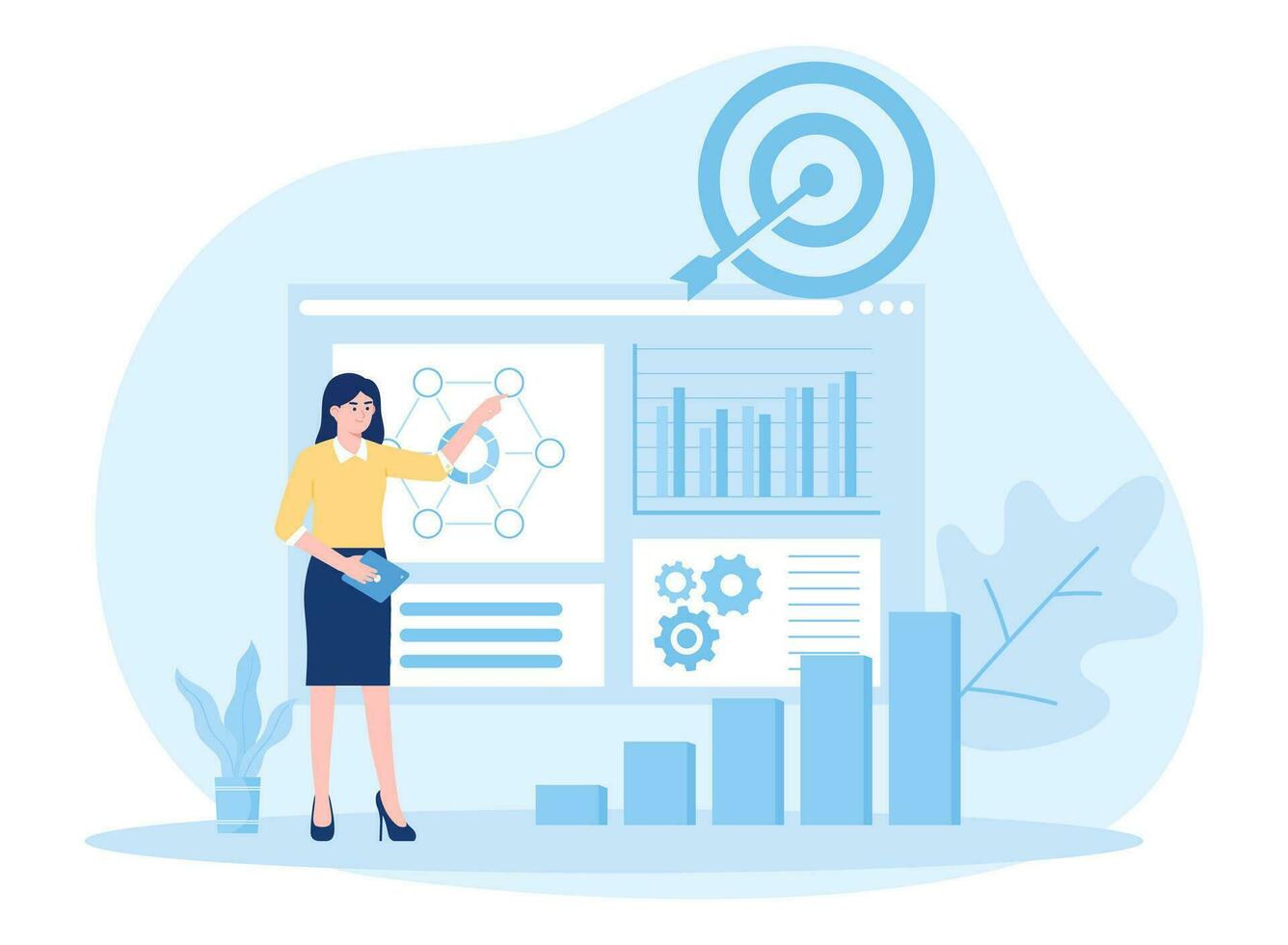 A business woman is analyzing the results of the annual financial report concept flat illustration vector
