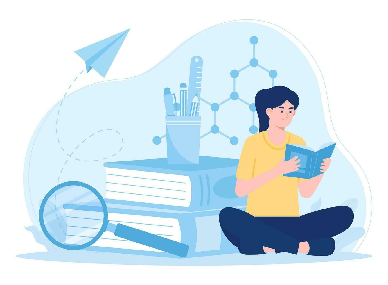 woman reading a book to find information concept flat illustration vector