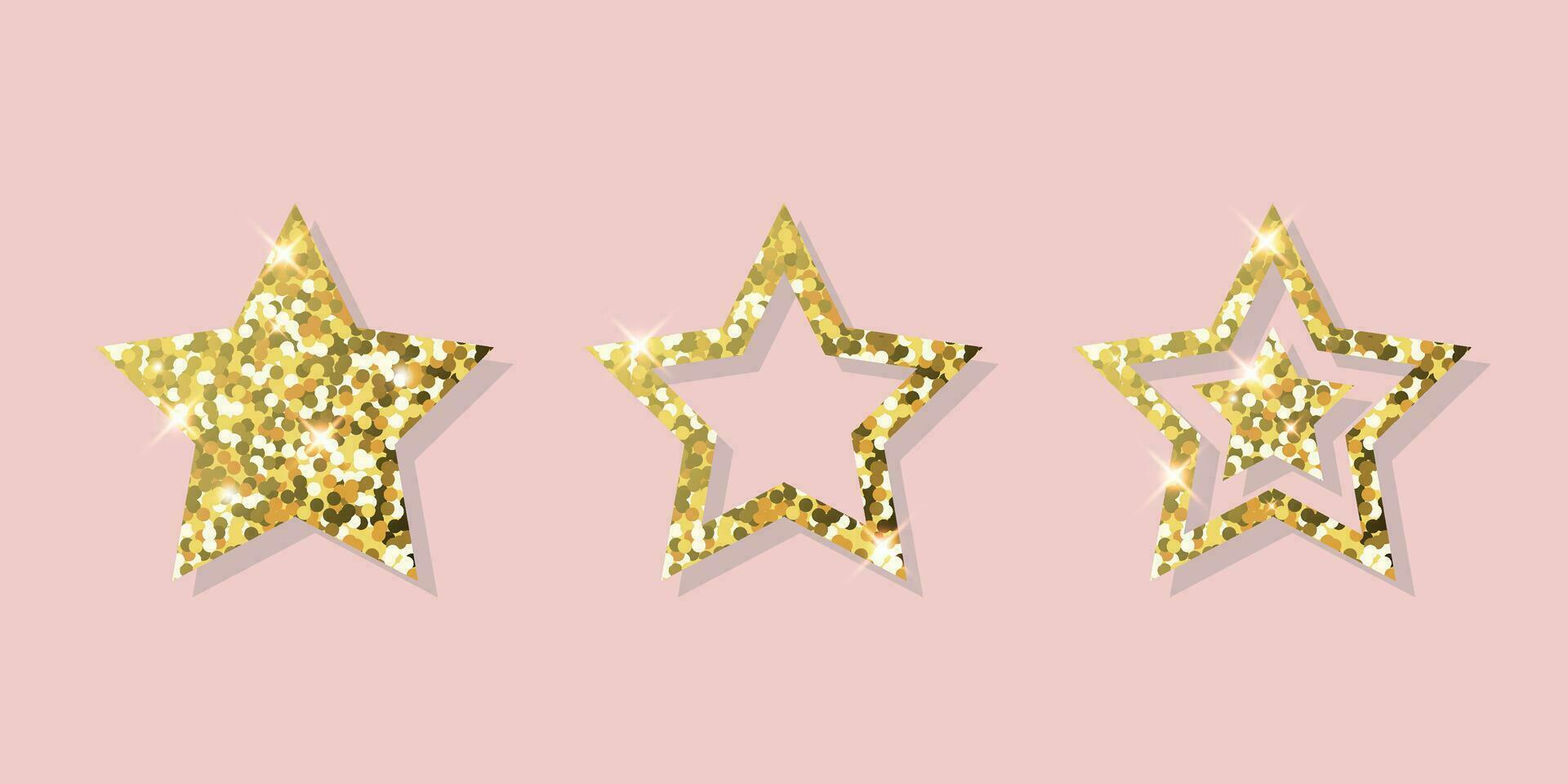 Set of gold glitter vector stars on a pink background