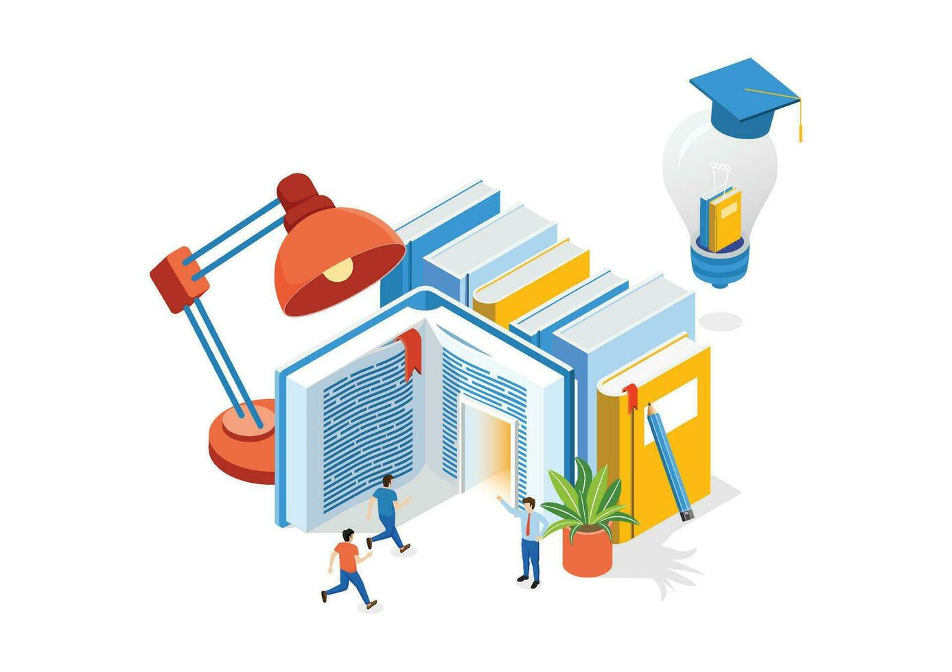 Isometric students running towards book entrance. Scene for education system, university admission, studying at college, academic learning. vector