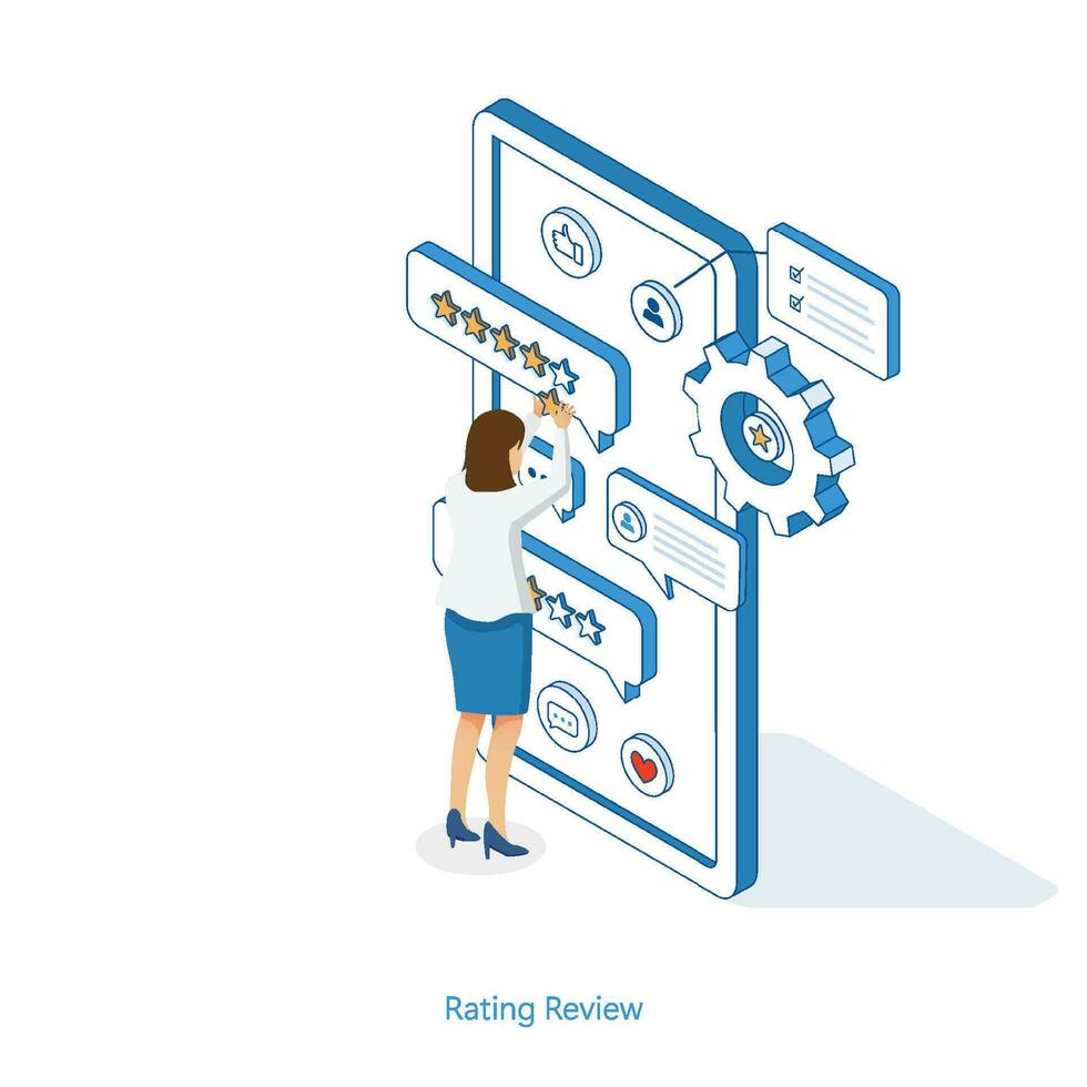 cliente comentarios con teléfono inteligente, Servicio evaluación, comentario, clasificación sistema concepto. isométrica vector