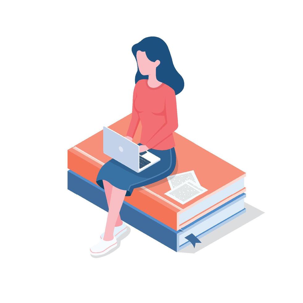 mujer estudiando en libros con ordenador portátil computadora aprendizaje y educando ellos mismos isométrica vector ilustración.