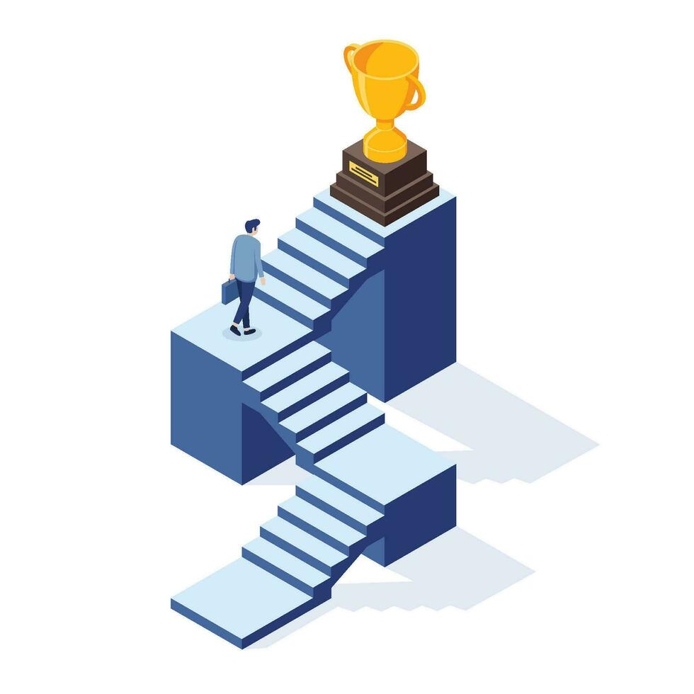 Business people concepts for success. Businessman walking up the Stairs to the trophy cup. Isometric vector illustration.