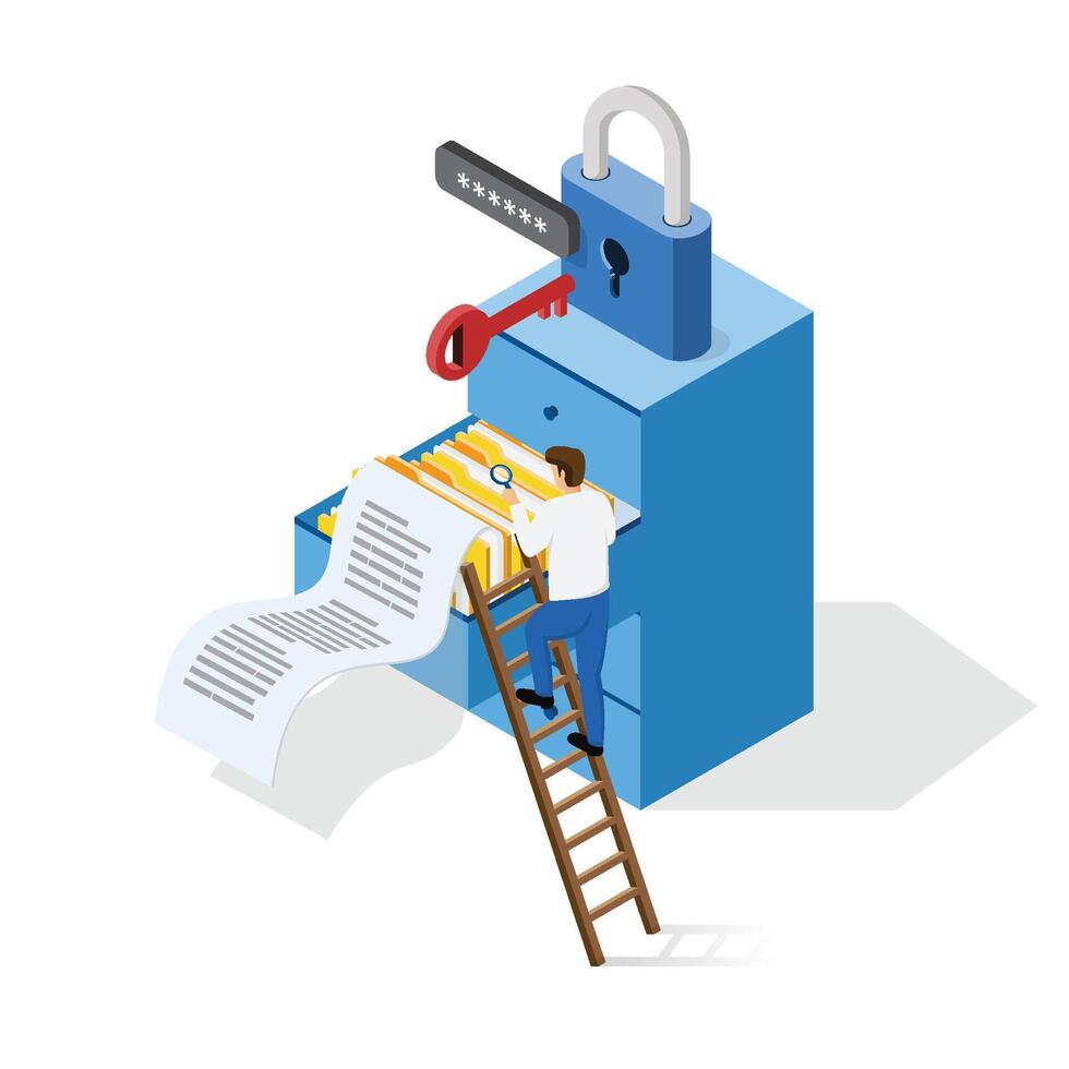 Document archiving and storage. Business people search files in archives with locks and key. Isometric Security Concept. vector