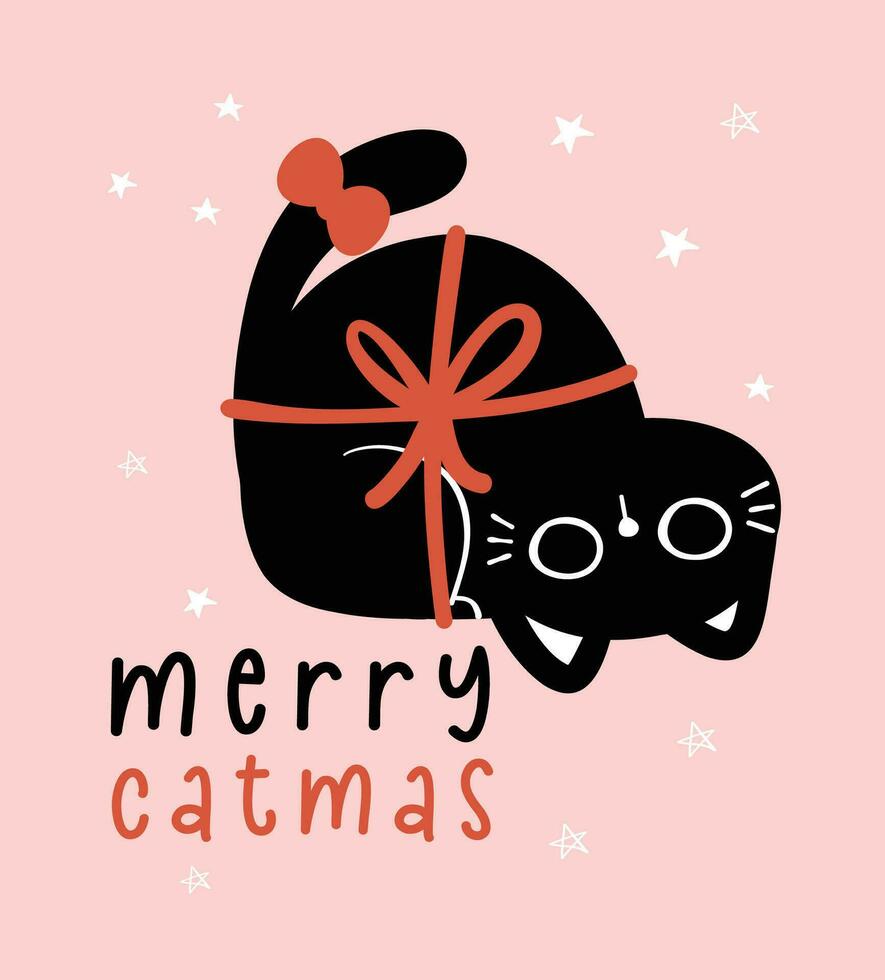 Cute Christmas Black Cat, merry catmas, humor greeting card, Funny and Playful Cartoon Illustration. vector
