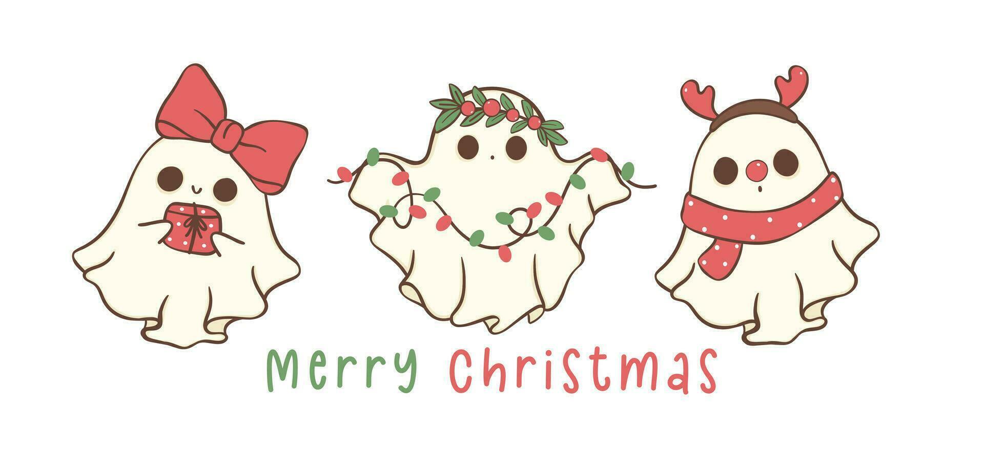 Group of Cute and Kawaii Christmas Ghosts. Festive greeting card banner, Holiday Cartoon Hand Drawing with adorable pose. vector
