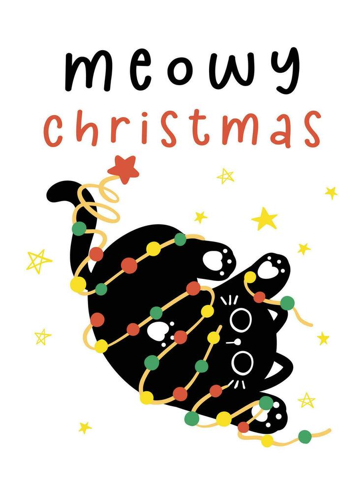 Cute Christmas Black Cat adorned with lights, Funny and Playful Cartoon Illustration. vector