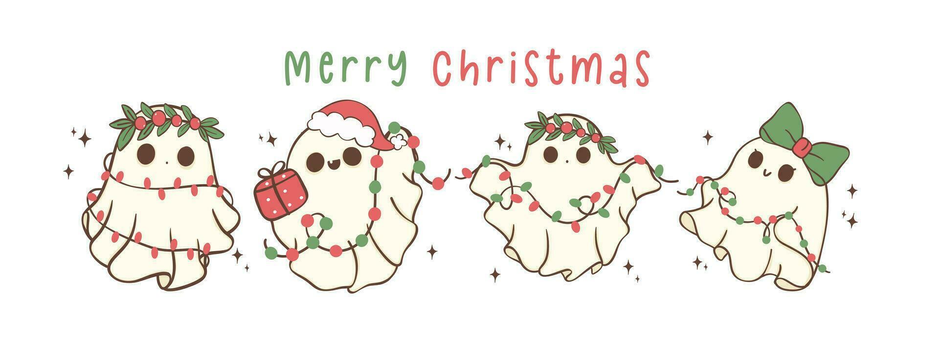Group of Cute and Kawaii Christmas Ghosts with lights. Festive greeting card banner, Holiday Cartoon Hand Drawing with adorable pose. vector