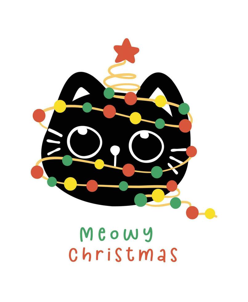 Cute Christmas Black Cats adorned with lights, Meowy Christmas, humor greeting card, Funny and Playful Cartoon Illustration. vector