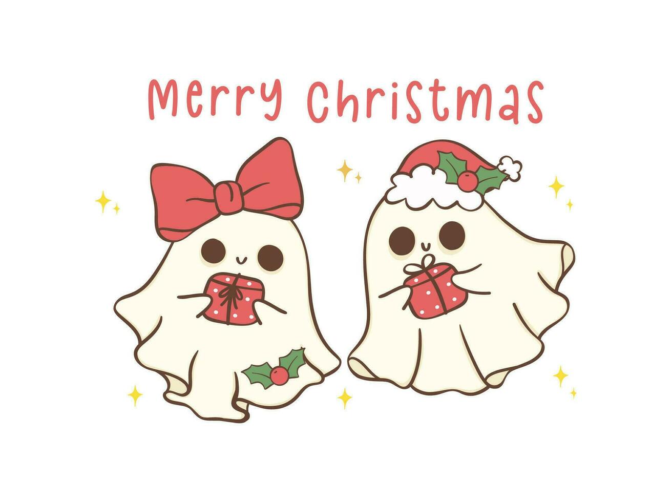 Cute and Kawaii Christmas Ghosts with gifts. Festive greeting card Holiday Cartoon Hand Drawing with adorable pose. vector