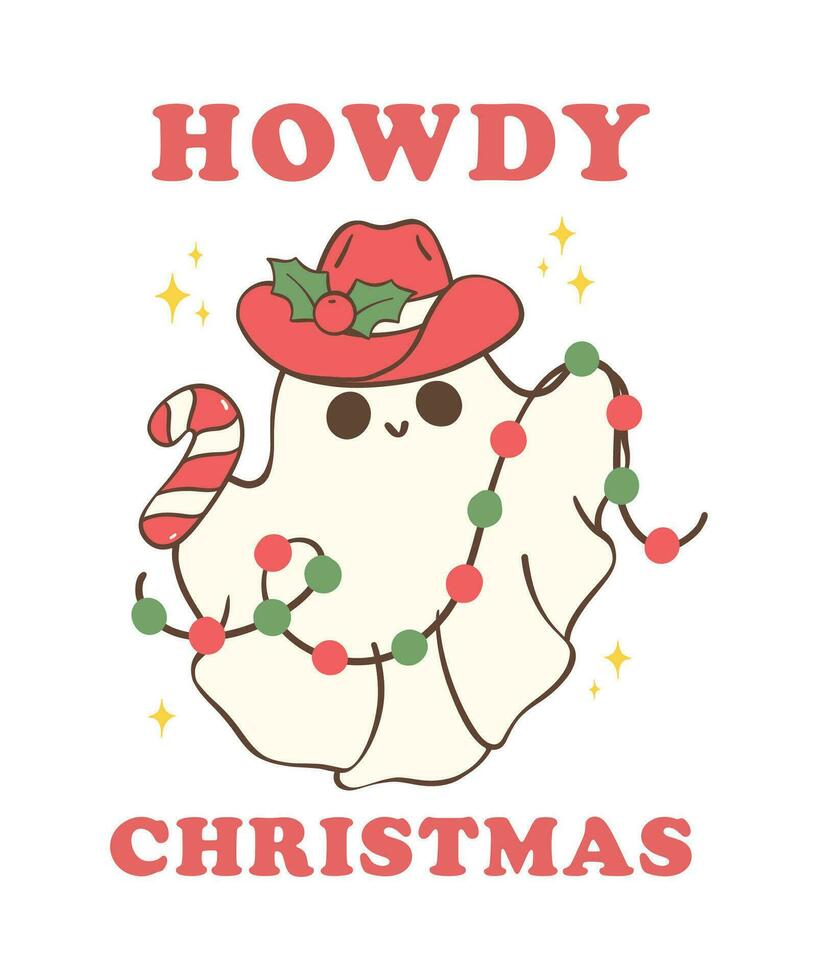 Cute and Kawaii Christmas Cowboy Ghost. Festive Holiday Cartoon Hand Drawing with Adorable Pose vector