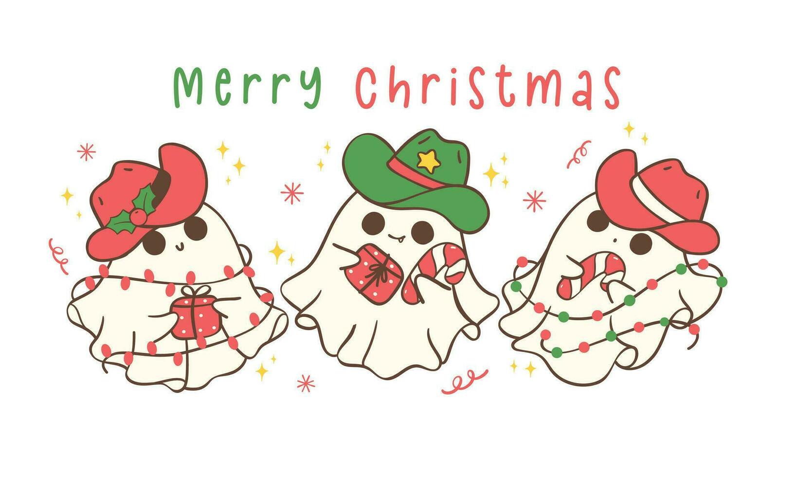Group of Cute and Kawaii Christmas Cowboy Ghosts. Festive Holiday Banner Cartoon Hand Drawing with Adorable Pose vector