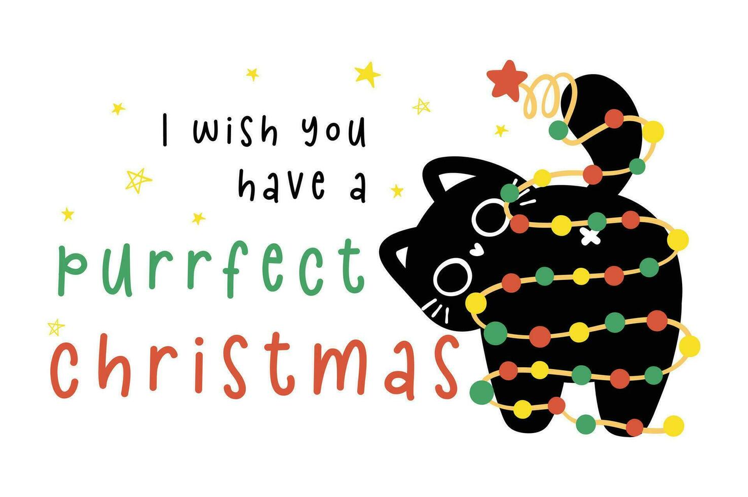 Cute Christmas Black Cat adorned with lights, Funny and Playful Cartoon Illustration, idea for greeting card vector