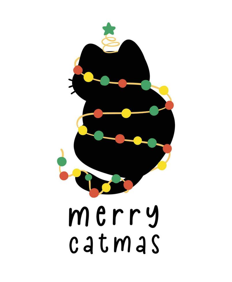 Cute Christmas Black Cats adorned with lights, Merry Catmas, humor banner and greeting card, Funny and Playful Cartoon Illustration. vector