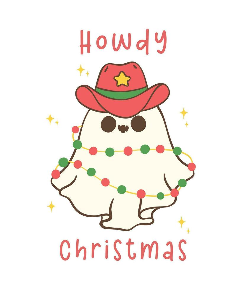 linda y kawaii Navidad vaquero fantasma en un festivo mano dibujo. esta adorable pose, con un sombrero y luz, agrega capricho y alegría a tu festivo proyectos vector