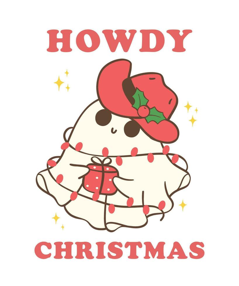 Cute and Kawaii Christmas Cowboy Ghost. Festive Holiday Cartoon Hand Drawing with Adorable Pose vector