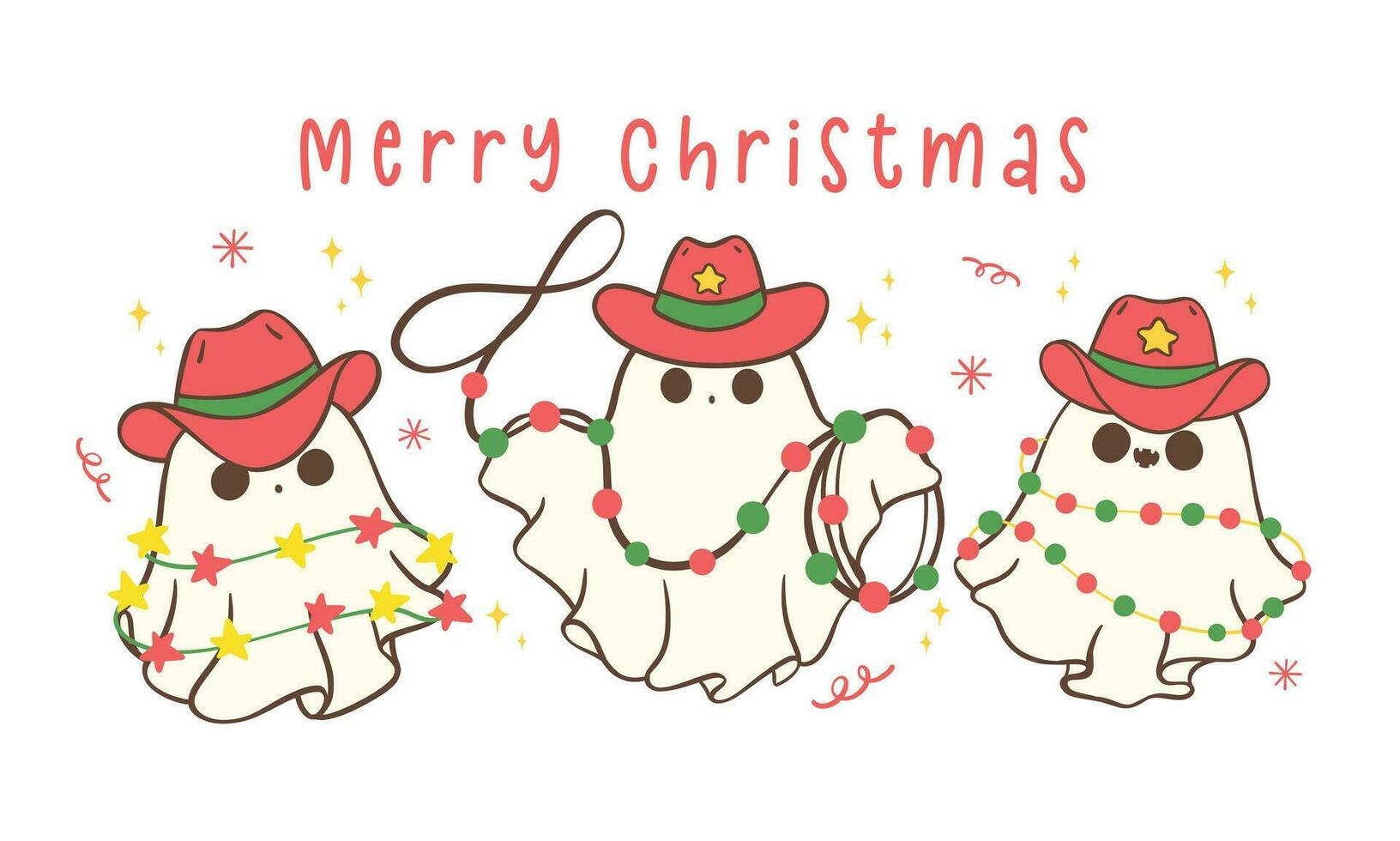grupo de linda y kawaii Navidad vaquero fantasmas festivo fiesta bandera dibujos animados mano dibujo con adorable actitud vector