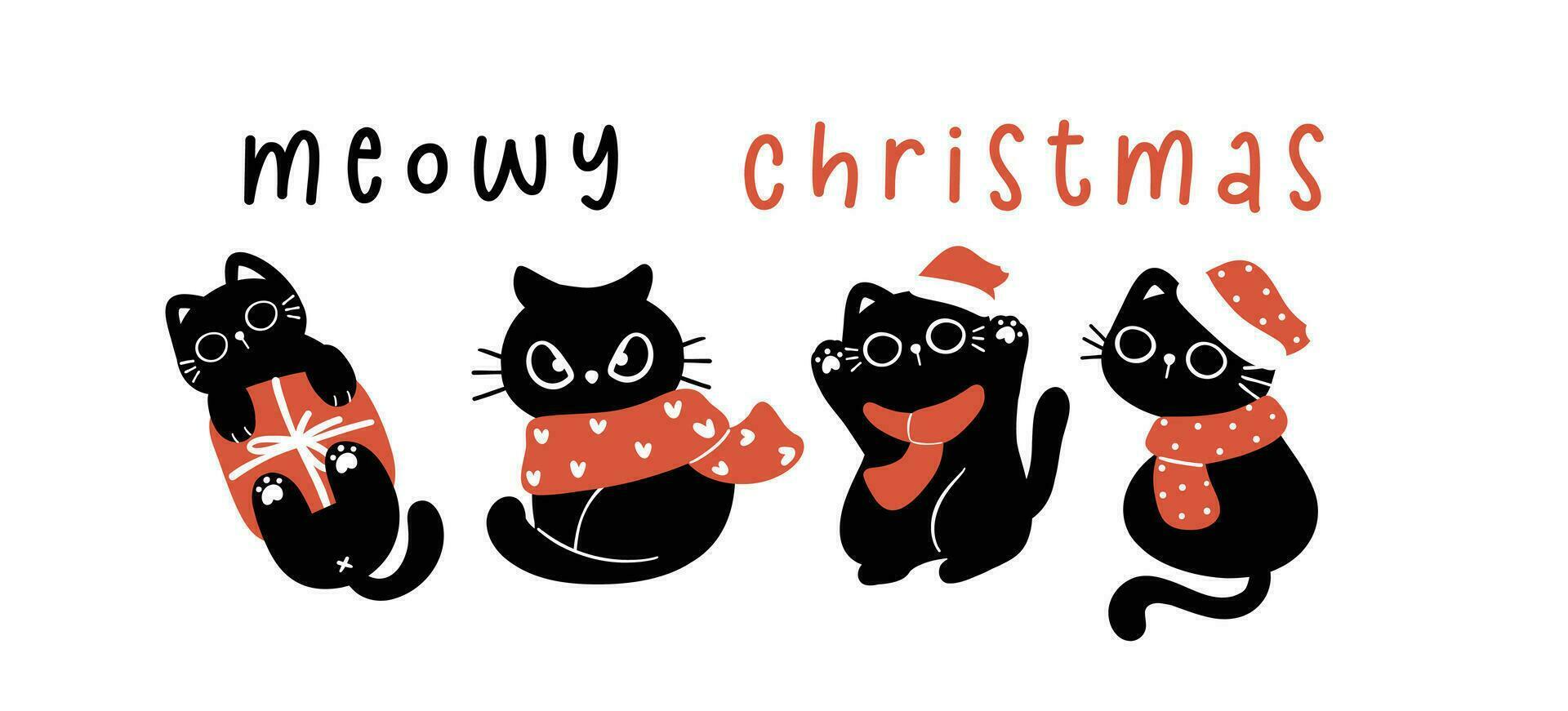 Cute Christmas Black Cat, humor greeting card banner, Funny and Playful Cartoon Illustration. vector