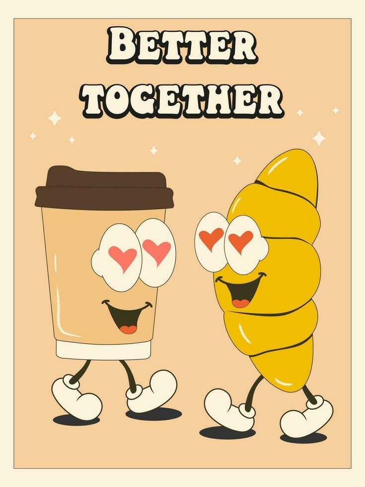 Groovy retro 70s style coffee cup and croissant in love poster. Coffee shop vintage banner vector