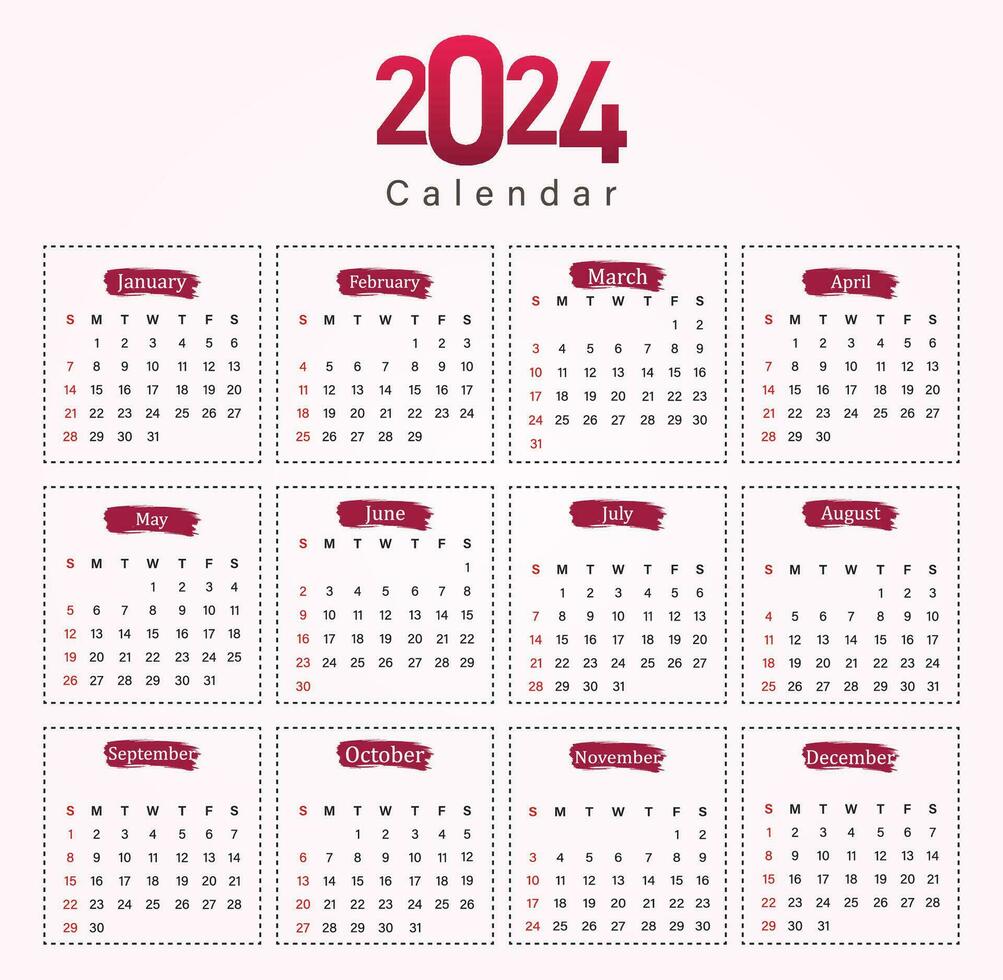 Calendar for 2024, Week starts on Sunday vector