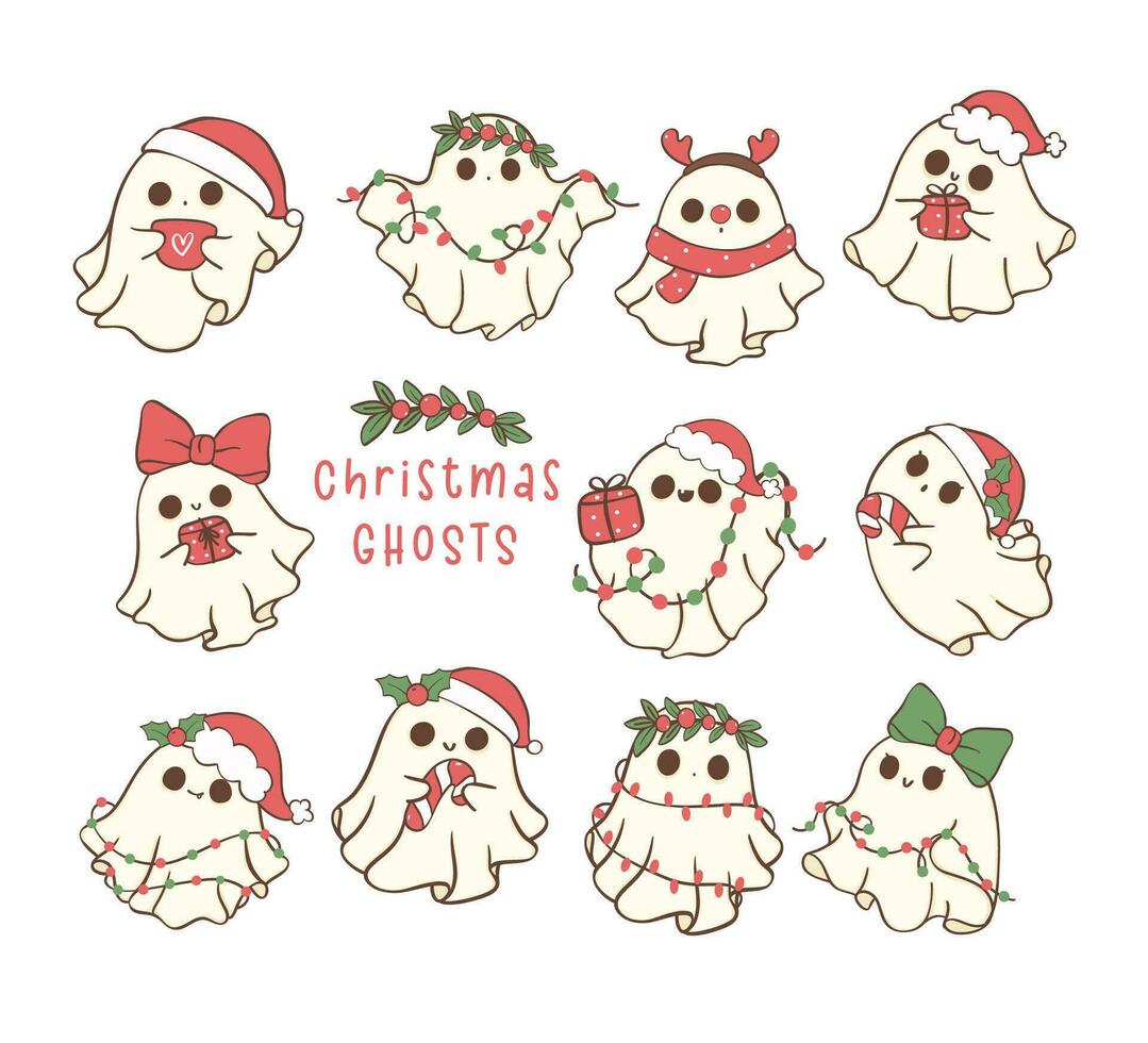 Cute and Kawaii Christmas Ghosts set. Festive Holiday Cartoon Hand Drawing with adorable pose. vector