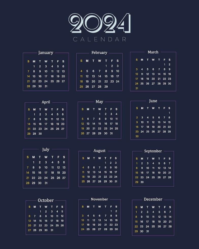 Calendar for 2024, Week starts on Sunday vector