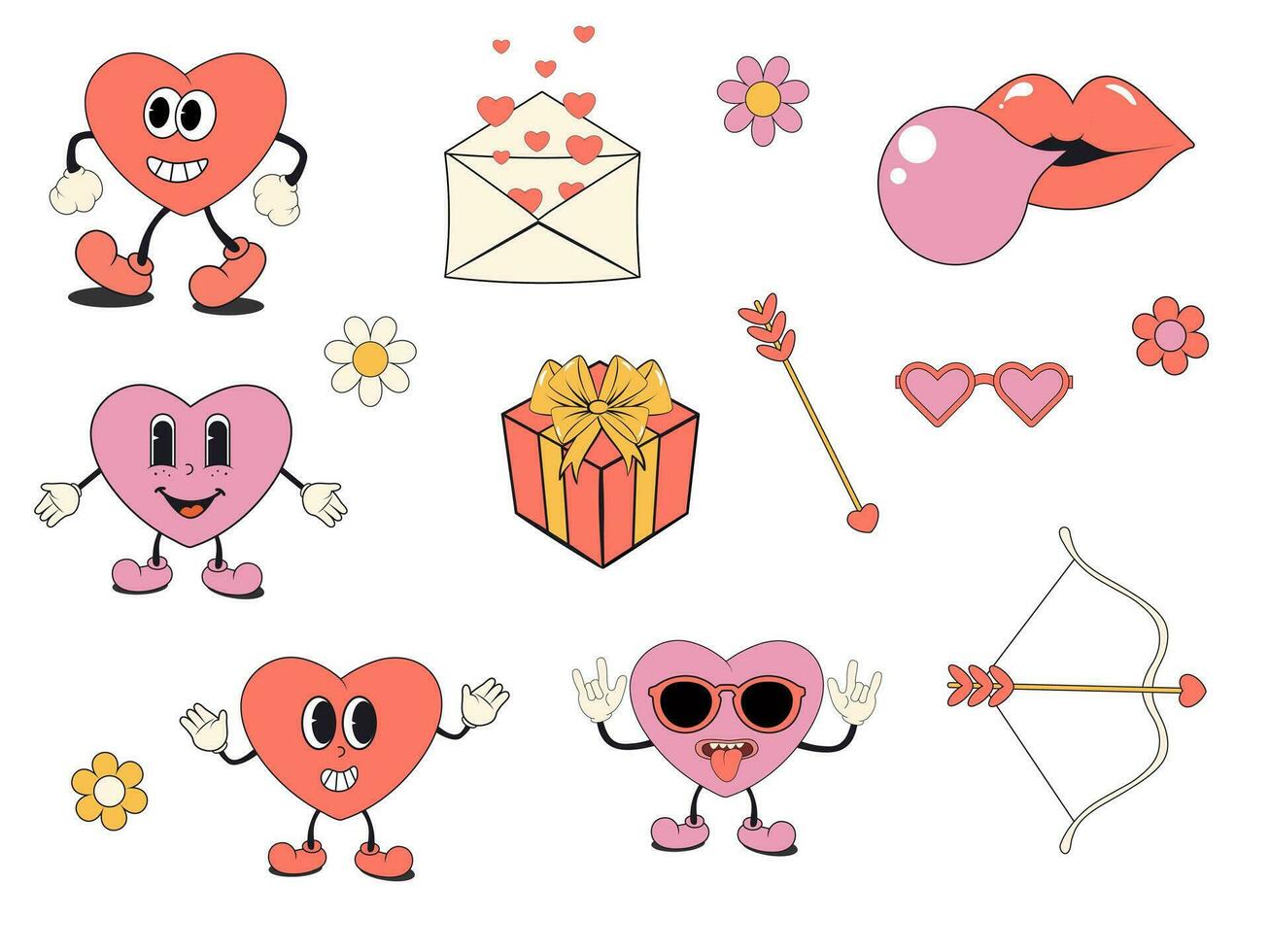 Cartoon groovy hearts collection. Valentine's Day elements set vector