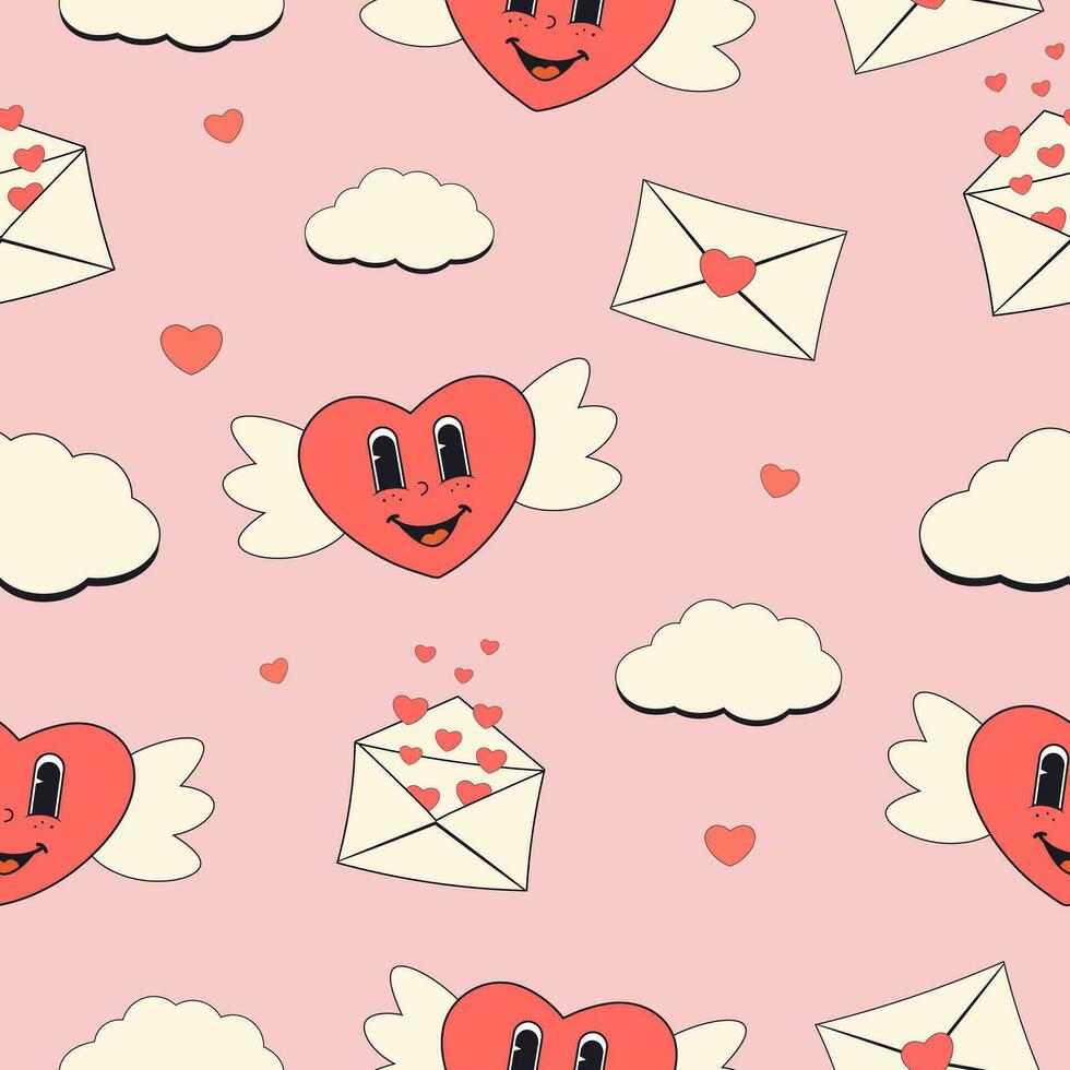 Valentine's Day seamless romantic pattern with groovy heart cupid vector
