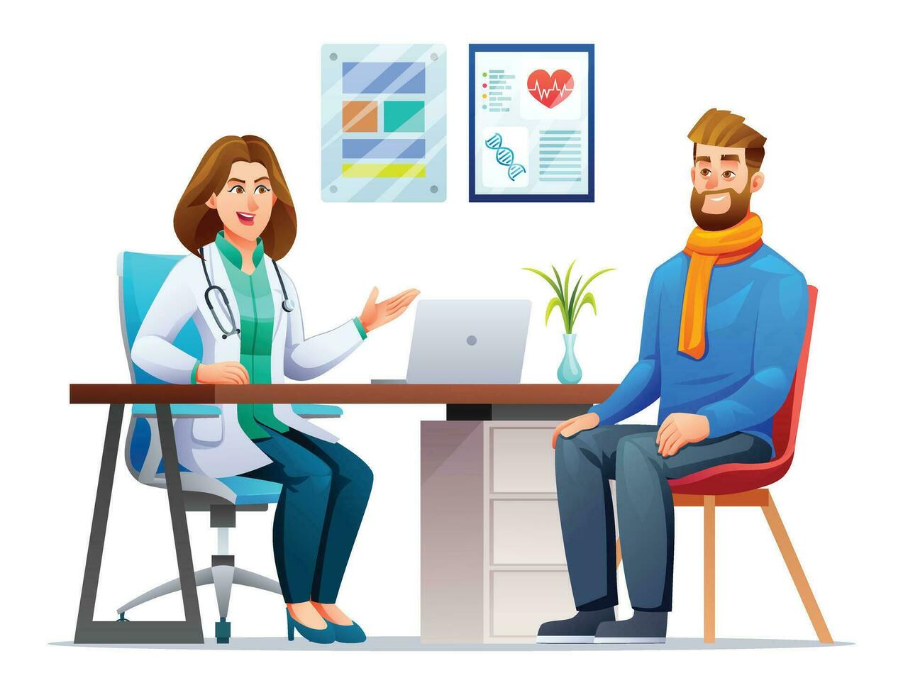 Female doctor talking to patient in hospital office. Medical consultation in clinic. Vector cartoon character illustration