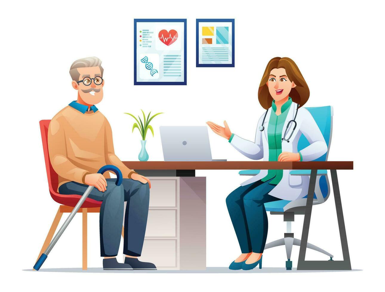 Elderly patient having consultation with female doctor in hospital. Medical consultation in clinic. Vector cartoon character illustration