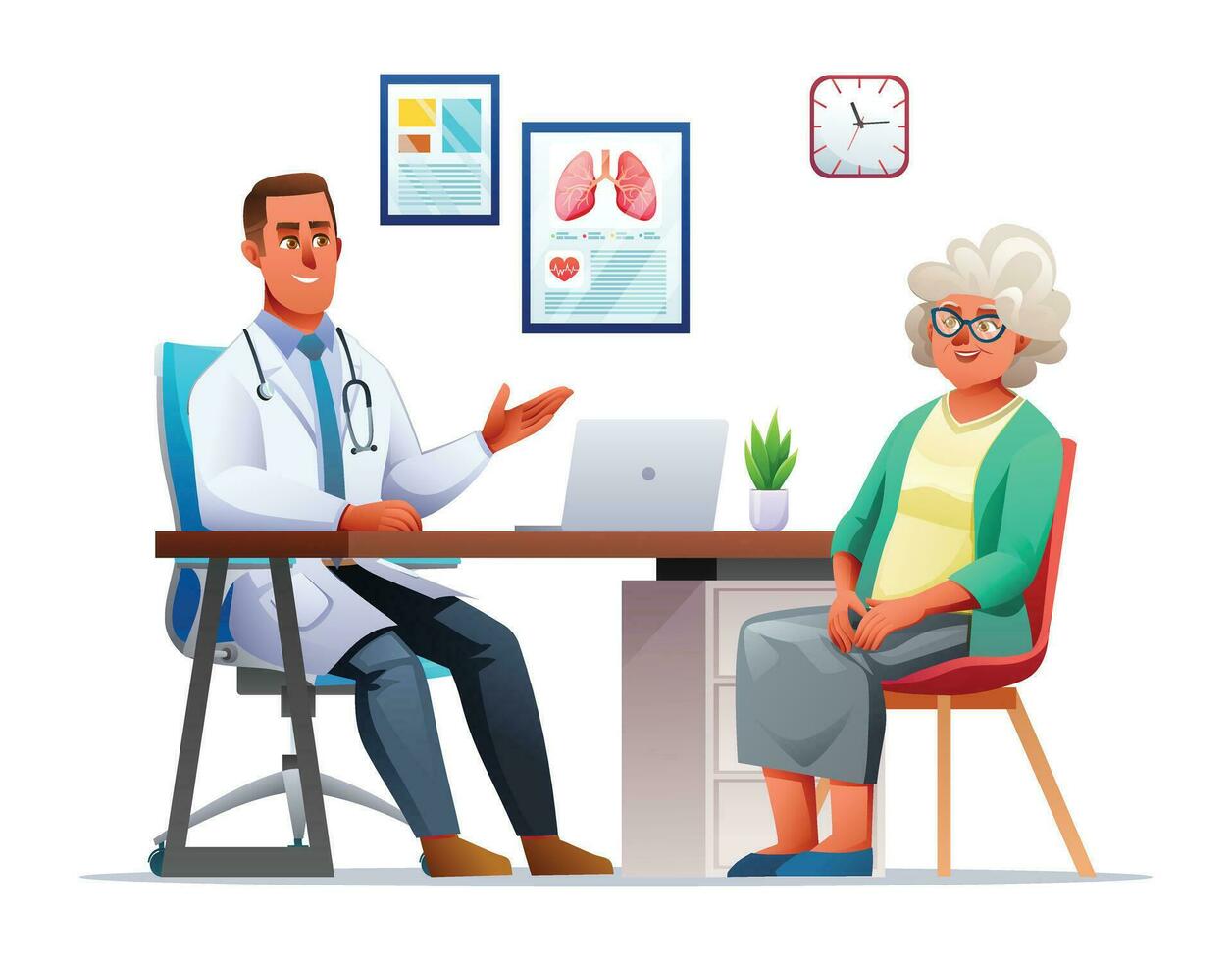Doctor talking to elderly female patient in hospital office. Medical consultation in clinic. Vector cartoon character illustration
