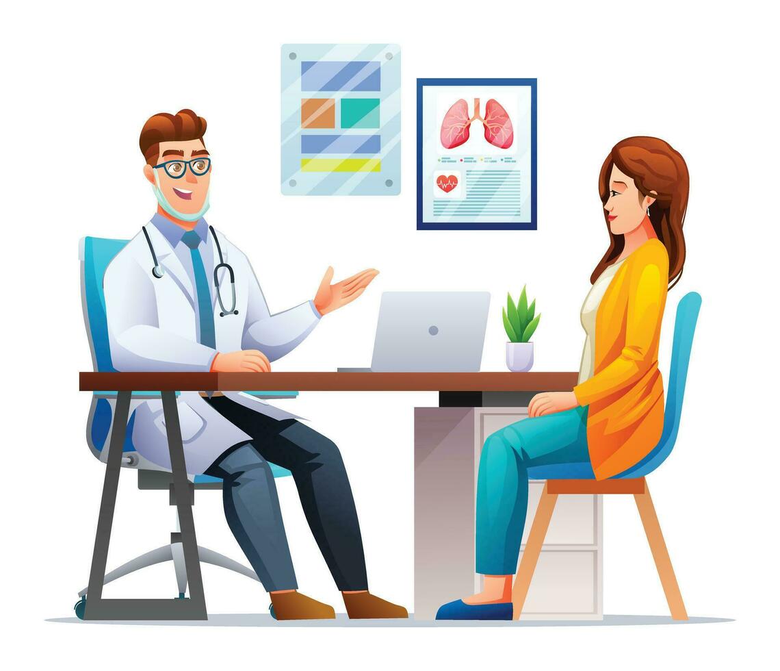 Doctor having consultation with woman patient in hospital. Medical consultation at the clinic. Vector cartoon character illustration