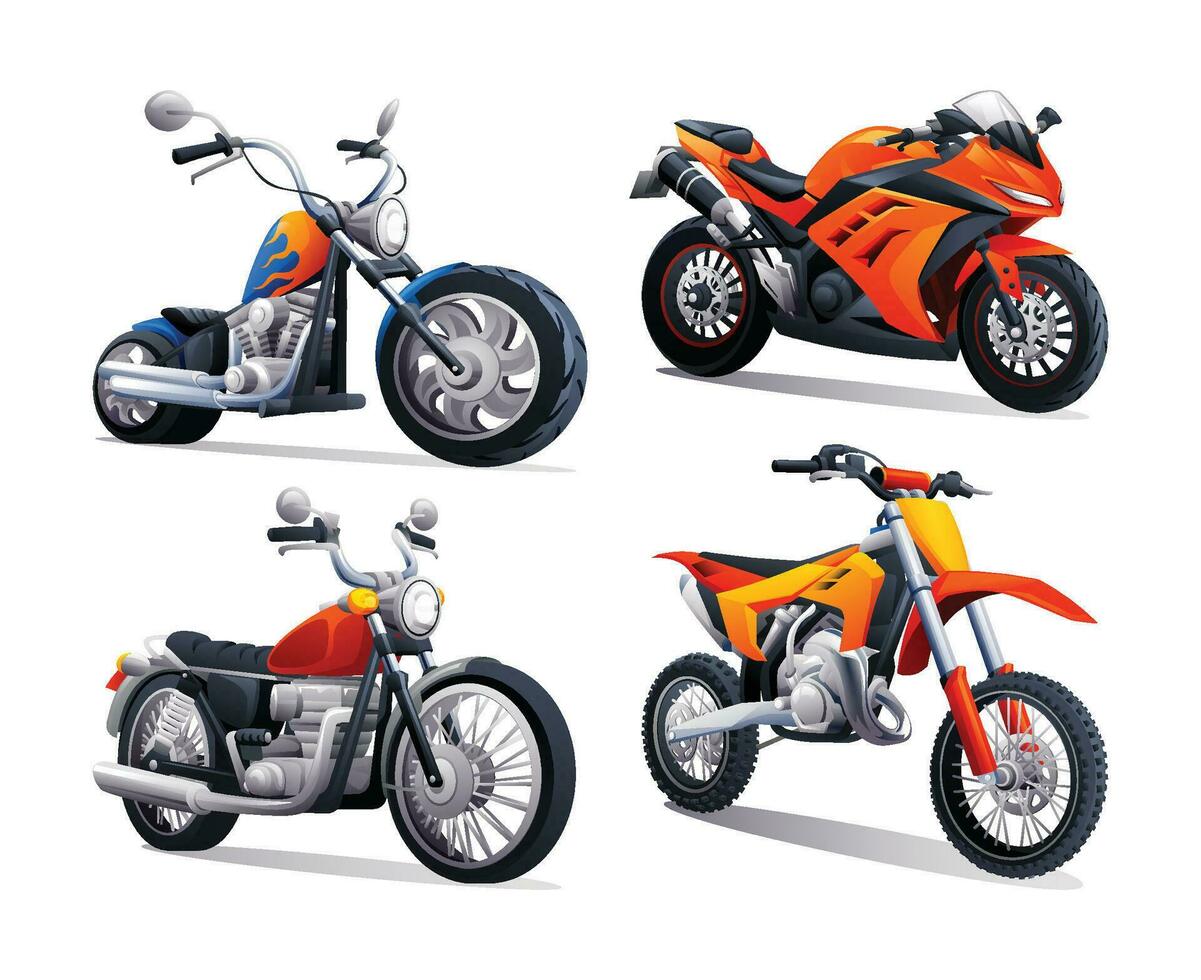 Set of motorcycles in various types. Vector cartoon illustration isolated on white background