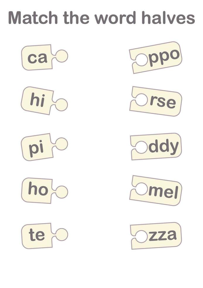 partido el palabra mitades. educativo juego. hojas de trabajo para niños vector
