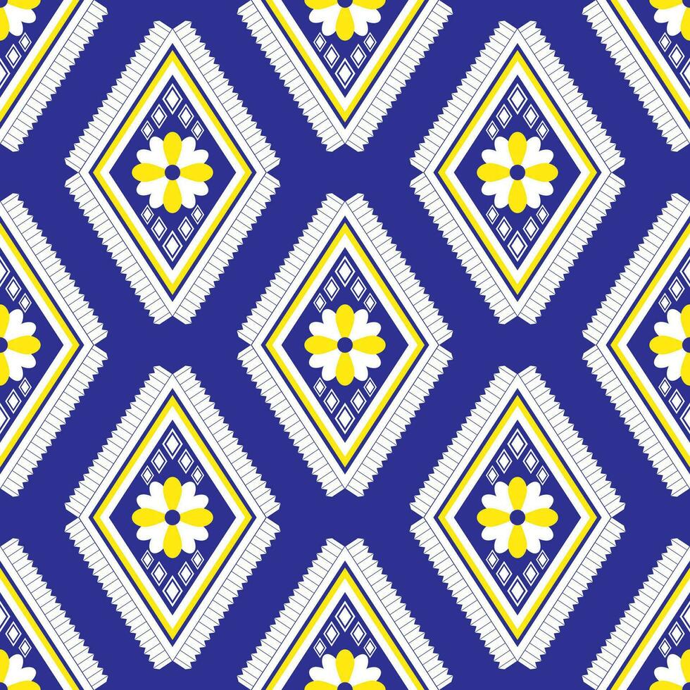 Seamless geometric woven fabric pattern with flowers. Blue background, designed for garment, tile, clothing, textile, carpet, cloth bag. vector
