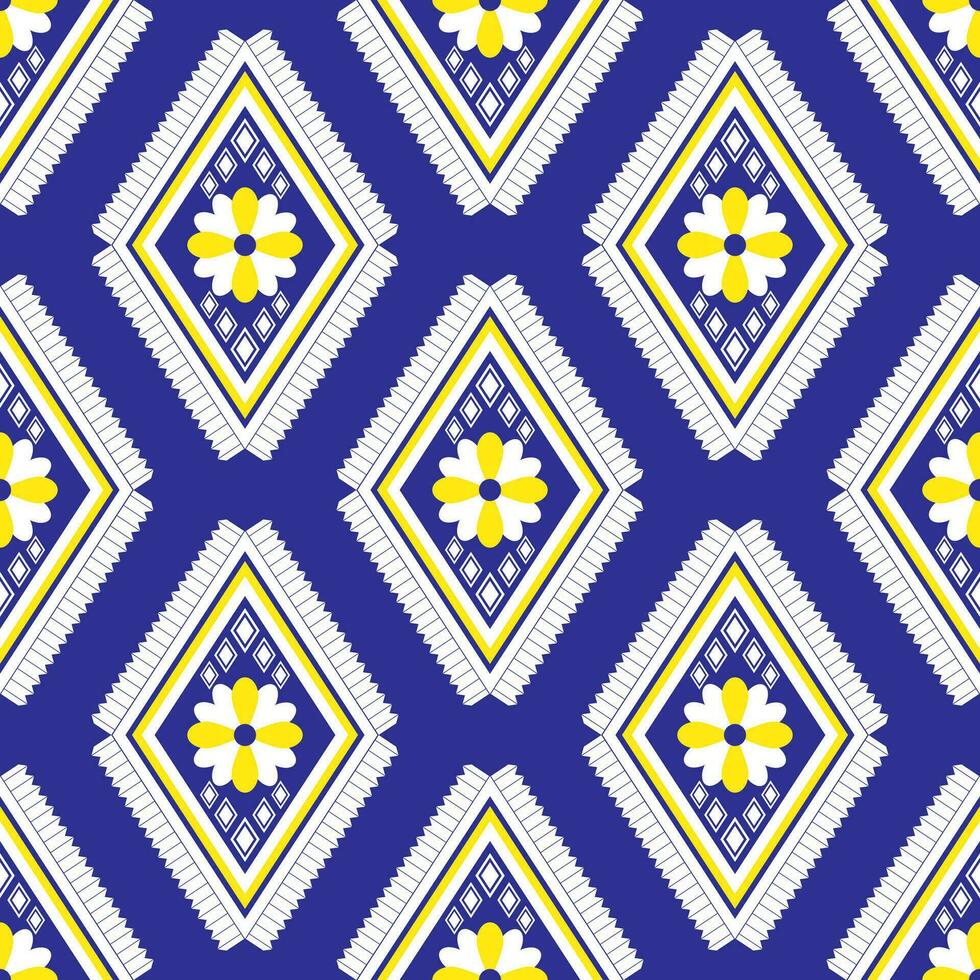 sin costura geométrico tejido tela modelo con flores azul fondo, diseñado para prenda, teja, ropa, textil, alfombra, paño bolsa. vector