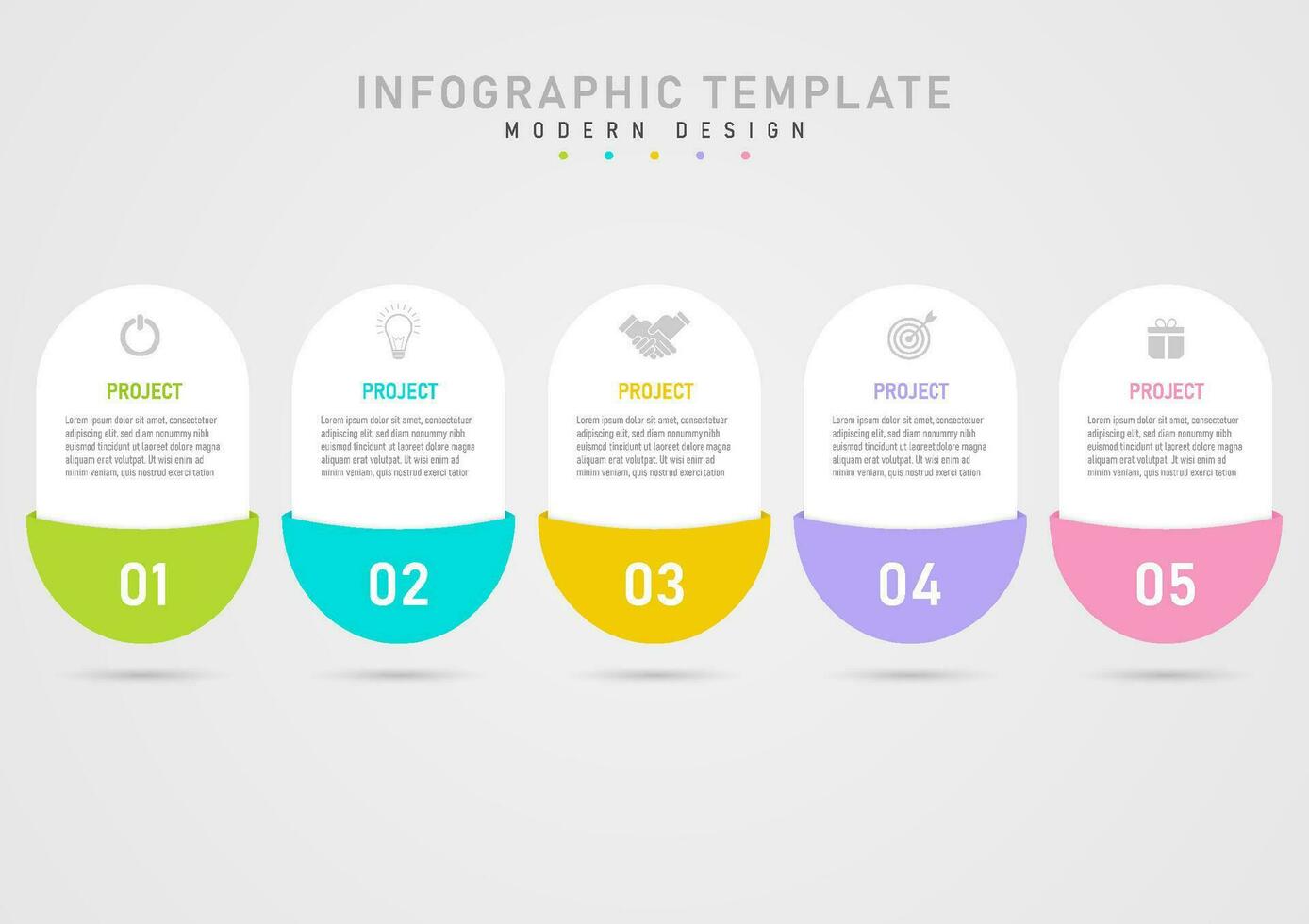 Simple infographic template 5 project business vertical white rounded squares Gray icon above middle letter multi-colored semicircle bottom and white numbers gray gradient background vector