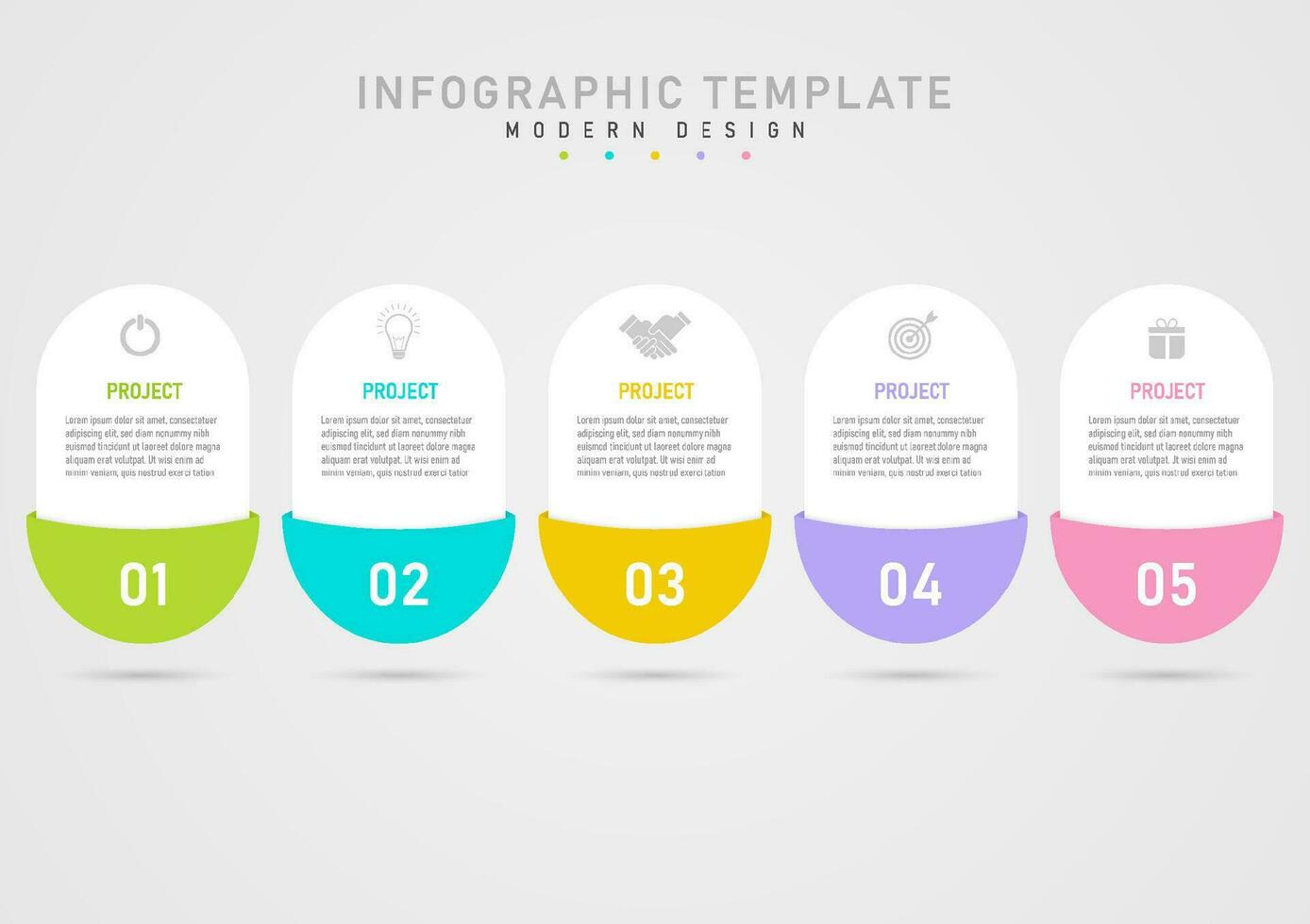 Simple infographic template 5 project business vertical white rounded squares Gray icon above middle letter multi-colored semicircle bottom and white numbers gray gradient background vector